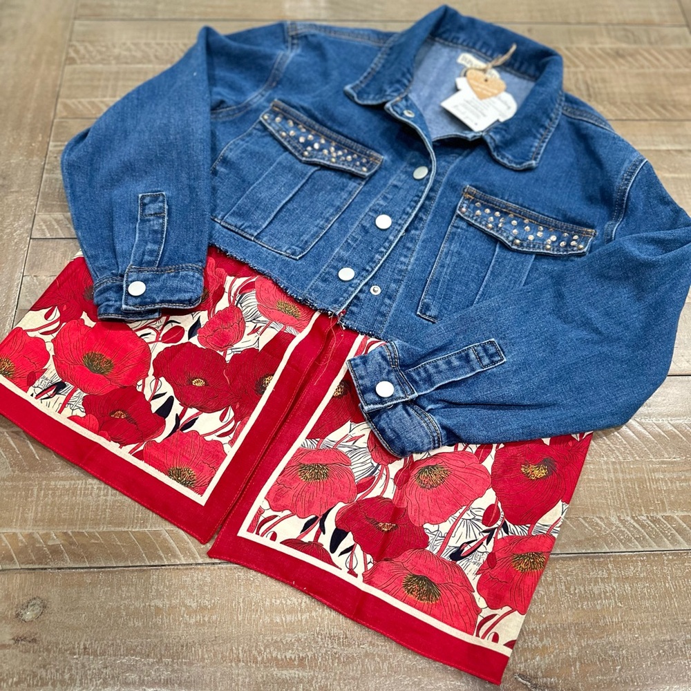 Denim and Floral Red Women's Jacket